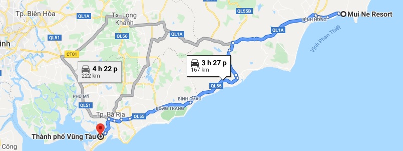 Bản đồ khoảng cách từ TP.Vũng Tàu đến Phan Thiết Mũi Né với chiều dài 167km