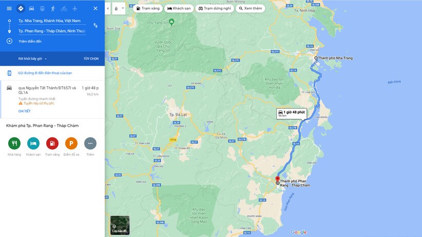 Hiện nay, quãng đường và Thời Gian Di Chuyển Từ Nha Trang Đi Phan Rang Tháp Chàm Ninh Thuận như sau